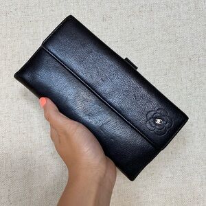 Chanel Black Long Camellia Snap Wallet